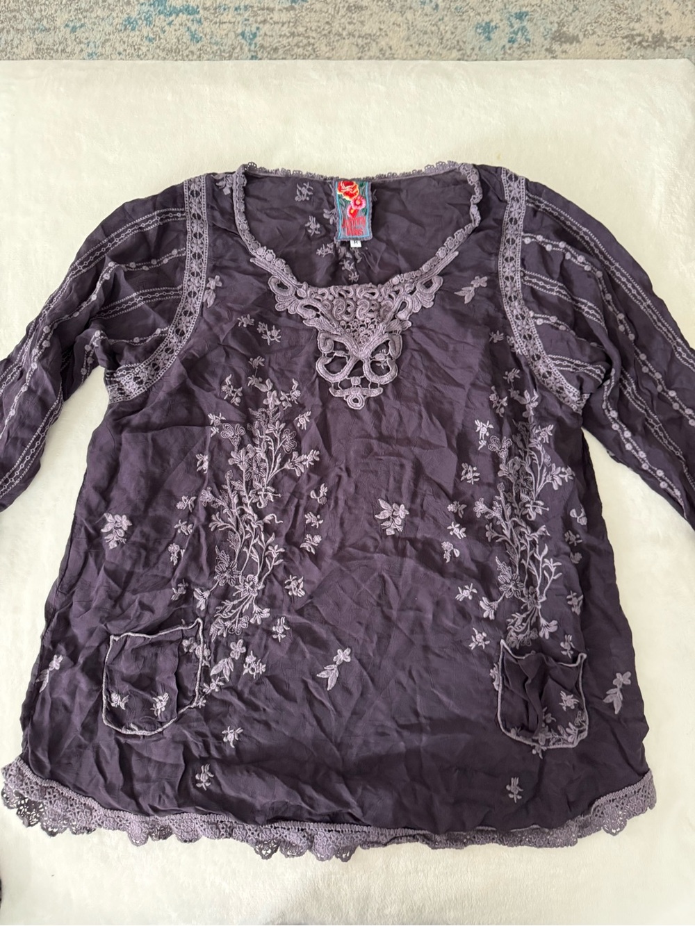 Johnny Was Deep Purple Top With Embroidery & Front Pocket Size Medium D72